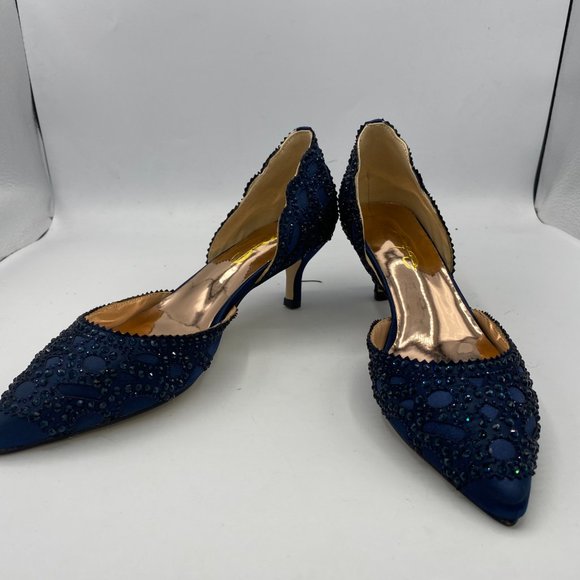 XYD Navy Pointed Toe Low Heel D'Orsay Rhinestone Studs Pumps - Picture 3 of 8